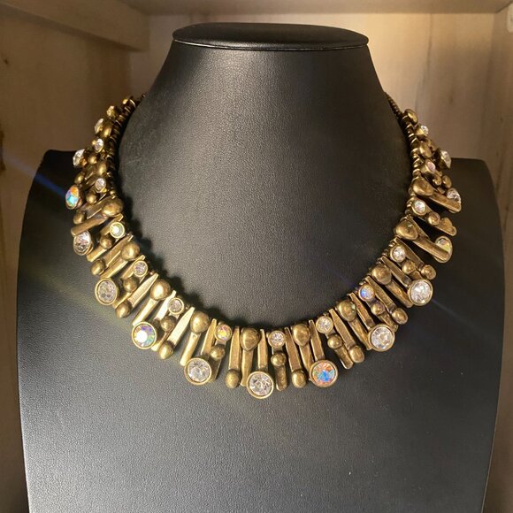 NWT Avant Garde Paris Brutalist Bronze AB Crystal Statement Collar Necklace - Picture 7 of 11